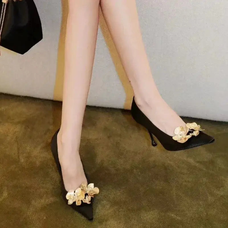 Metal Flower Pointed Toe High Heels Satin Shoes Pumps