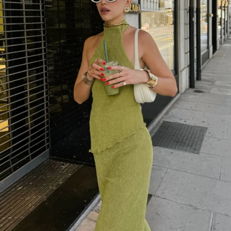 Hanging Green Pants Set Sleeveless Backless Two-piece