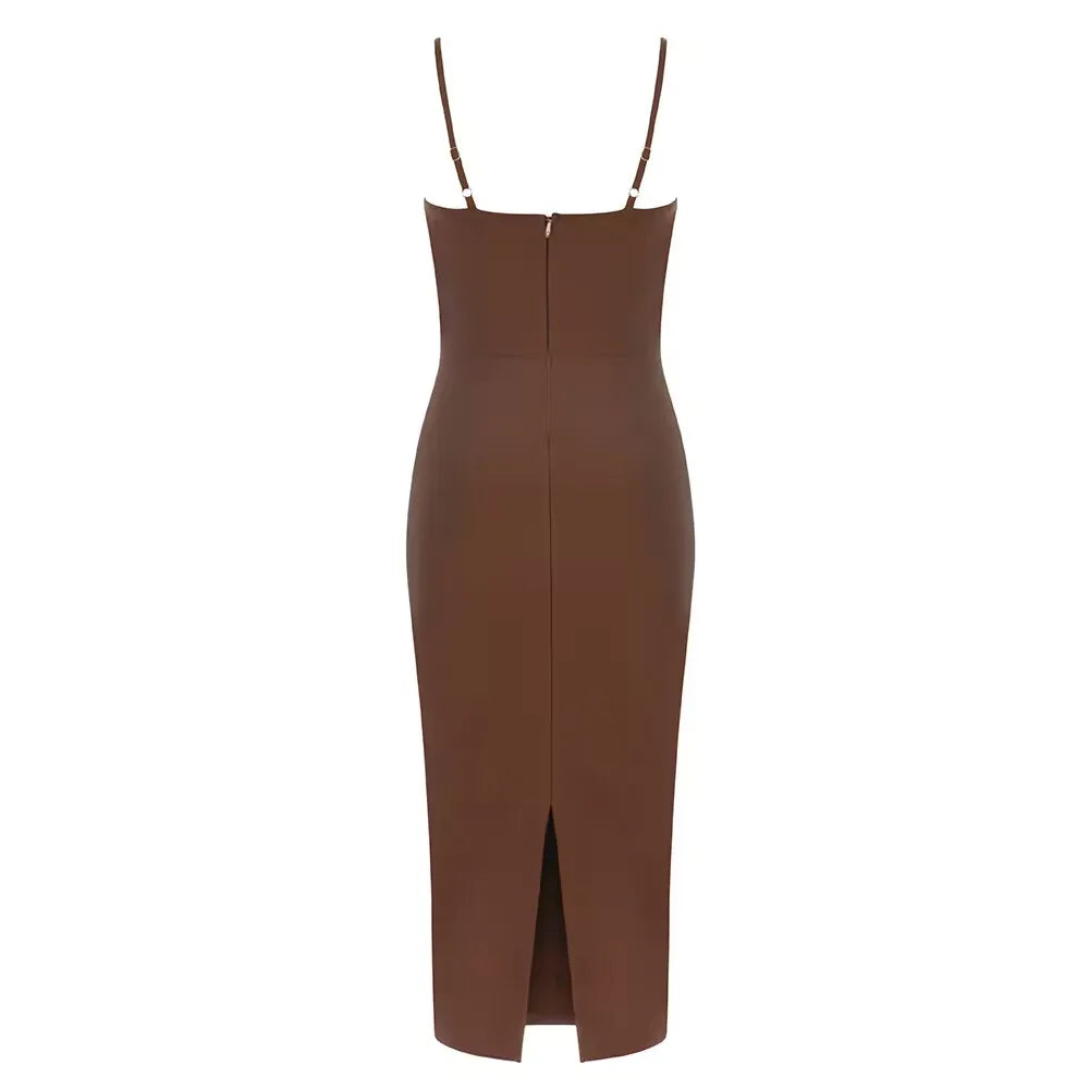 Dark Brown Long Dress Strap Sleeveless Bodycon Bandage