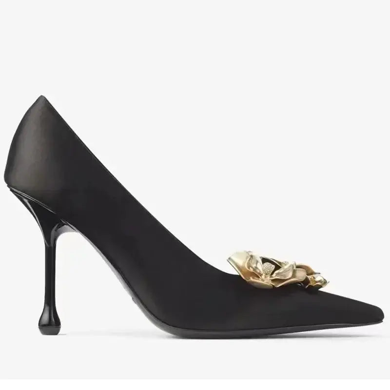 Metal Flower Pointed Toe High Heels Satin Shoes Pumps