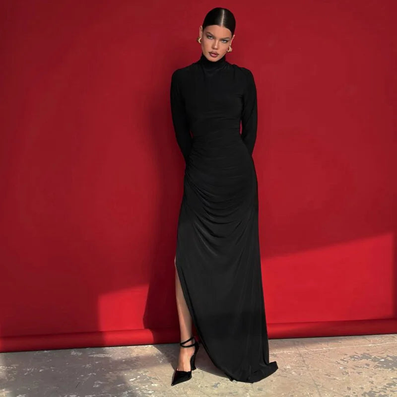 Turtleneck High Slit Maxi Dress For Women