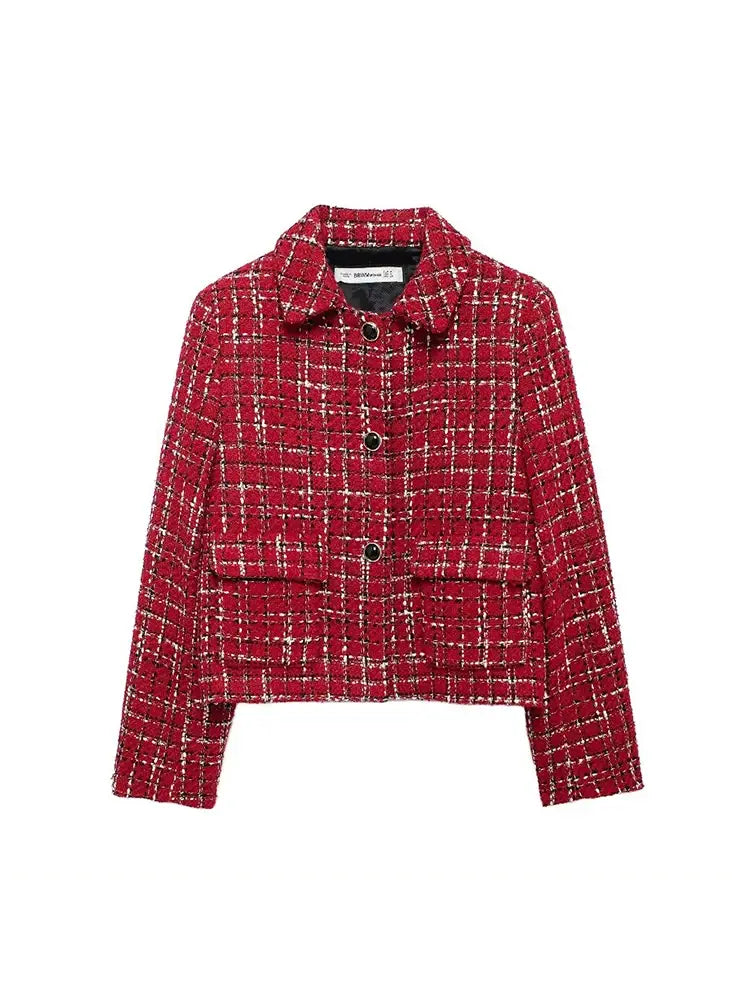 Women Fashion Chic Red Tweed Jacket With Should Pads Female Pockets Buttoned Short Coat