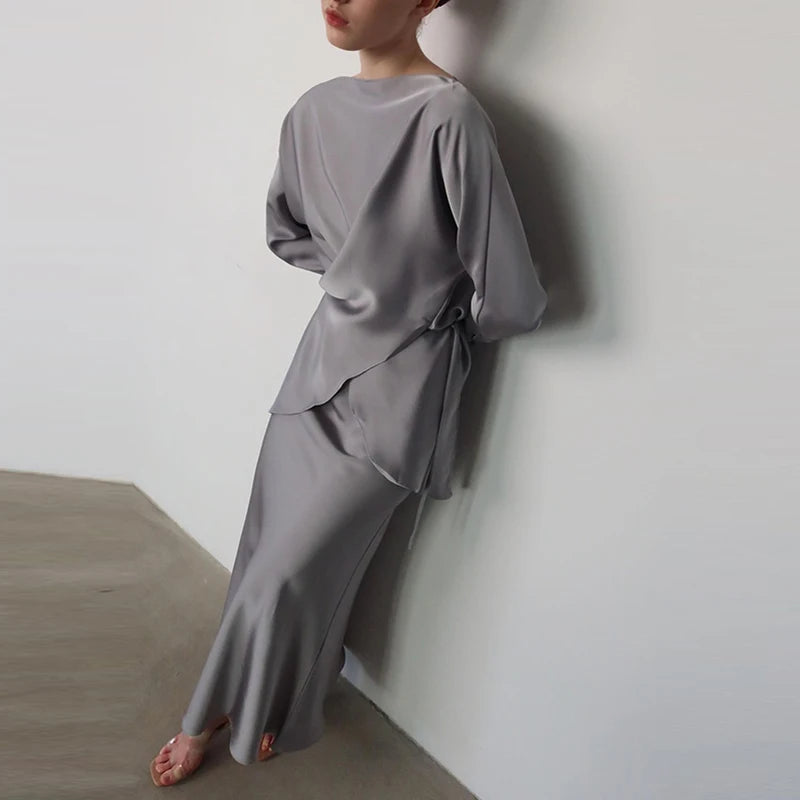 Fashion Long Sleeve Two Piece Casual Temperament Satin Women’s Set