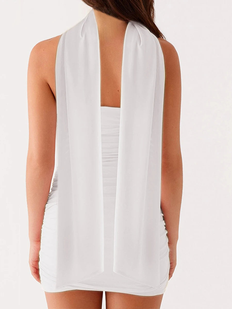 Women Ruched Tube Top Dress With Scarf