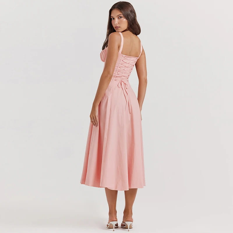 Summer Spaghetti Strap Midi Dress Elegant Long Lace Up