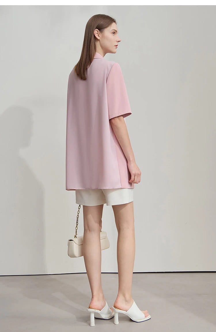 Lapel Contrast Material Patchwork One Button Short Sleeve Blazer