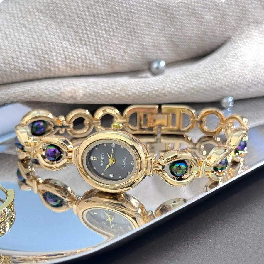 Ladies’ Oval Sun Print Rhinestone Dial Elegant Lady Quartz Watch