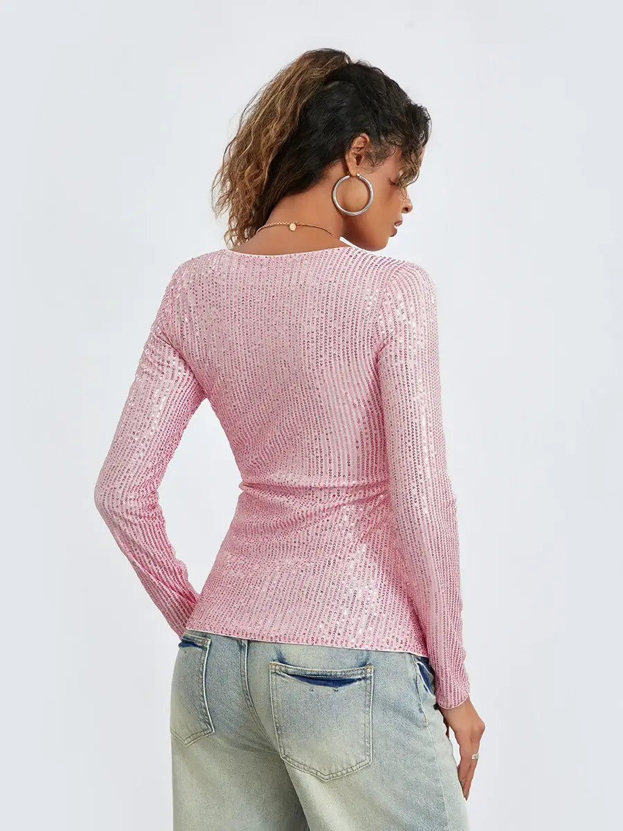 Women Long Sleeve Cropped Top Sequin Basic T-shirt