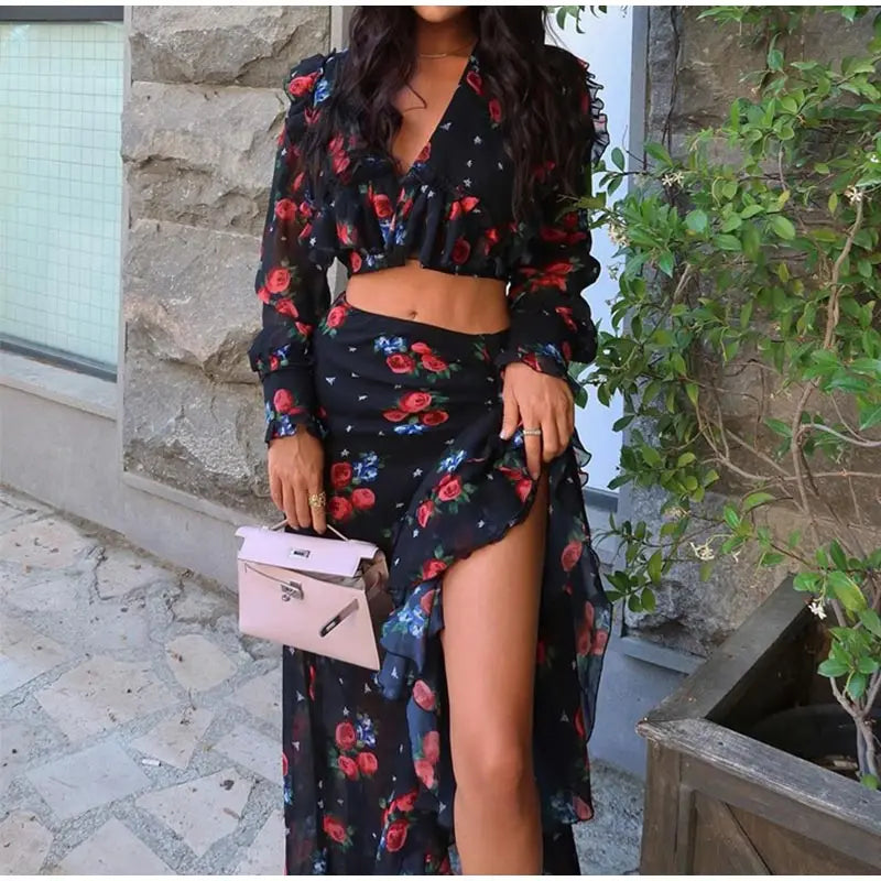 Printed Shirt Ruffles Split Skirt Sets Women
