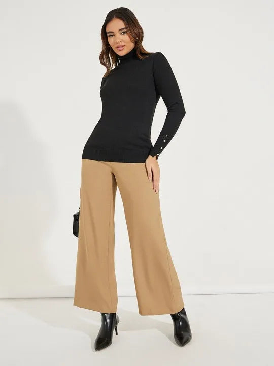 Women’s Cropped Basic Turtleneck Sweater Long Sleeves with Buttons