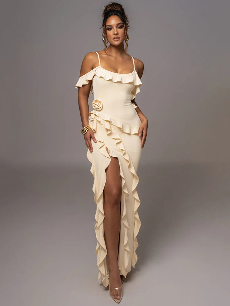 Maxi Dress Women Spaghetti Strap Flower Sleeveless Backless High Split Evening Dress - Norellé