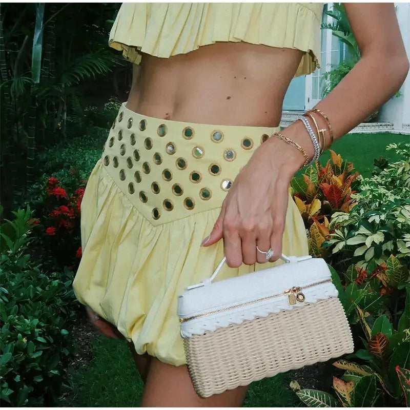 Women Metal Hollow Pleated Suspender Skirt Suit