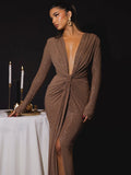 Glitter Deep V Neck Maxi Dress For Women Elegant Sparkle - Norellé
