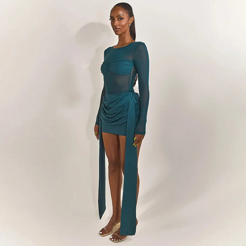 Mesh Patchwork Ruched Mini Dress Women