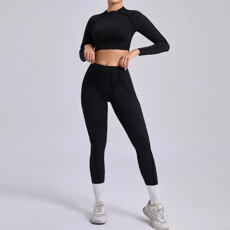 Seamless Sets Sports Fitness Hip-lifting High Waist Pleated Pants Long-sleeved Suits Workout