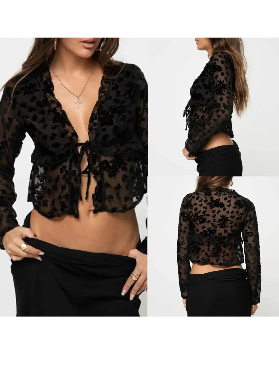 Shirt For Women Elegant Long Sleeve Tie-Up Lace Top