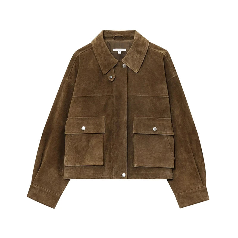 Women Front Patch Pockets Faux Leather Bomber Jacket