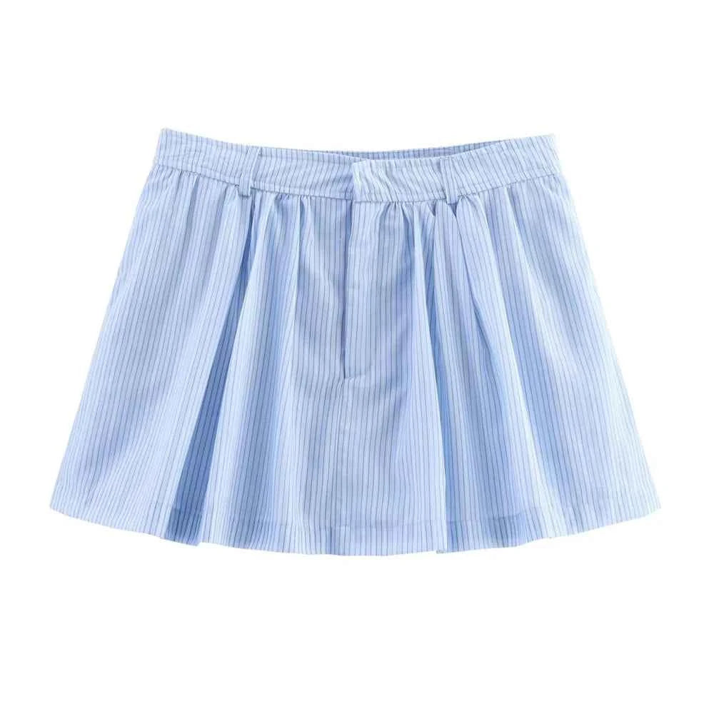 Women's Lace Detail Striped Short Shirt Fluffy Mid Waist Skirt Pants Set