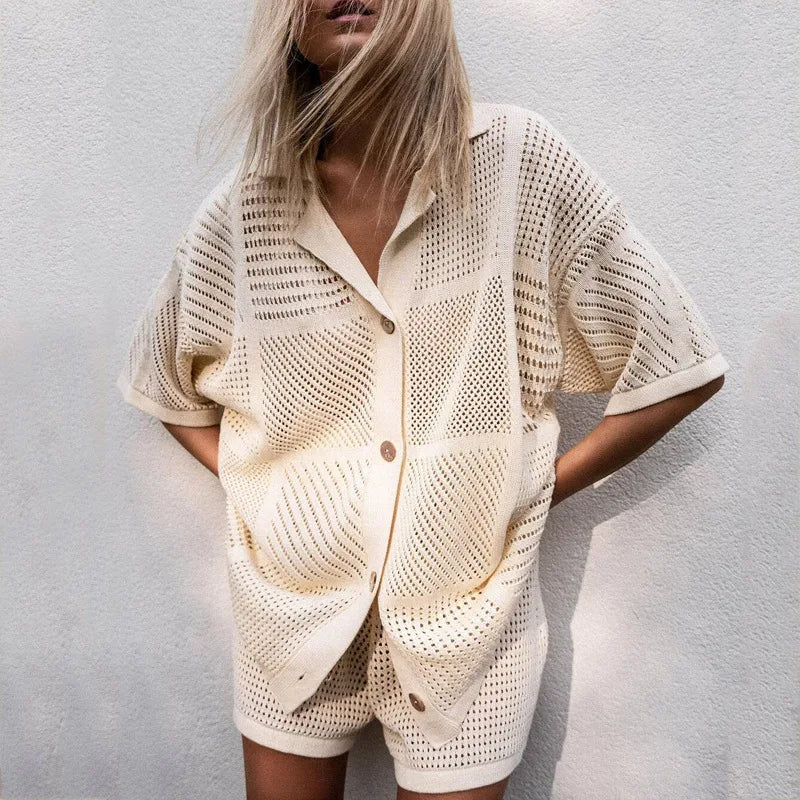 Casual Short Sleeved V-neck Hollowed Out Shirt Shorts - Norellé