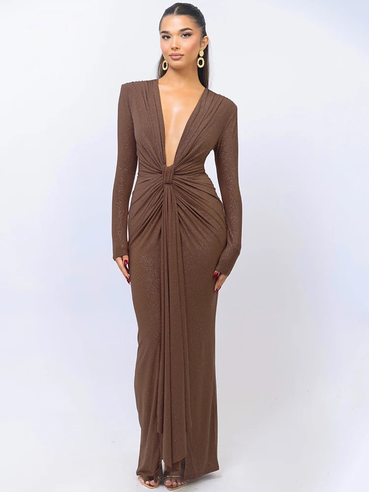 Glitter Deep V Neck Maxi Dress For Women Elegant Sparkle - Norellé