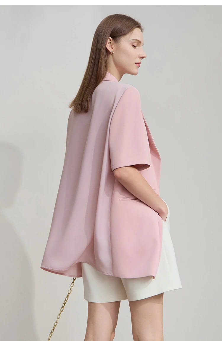 Lapel Contrast Material Patchwork One Button Short Sleeve Blazer