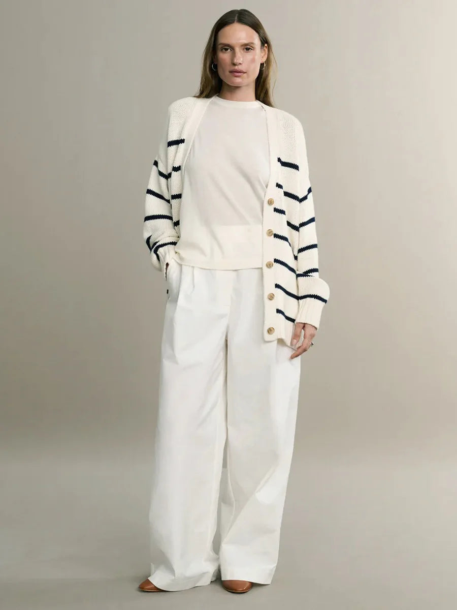 Women’s Striped Knit Cardigan V Neck Cotton Loose Fit