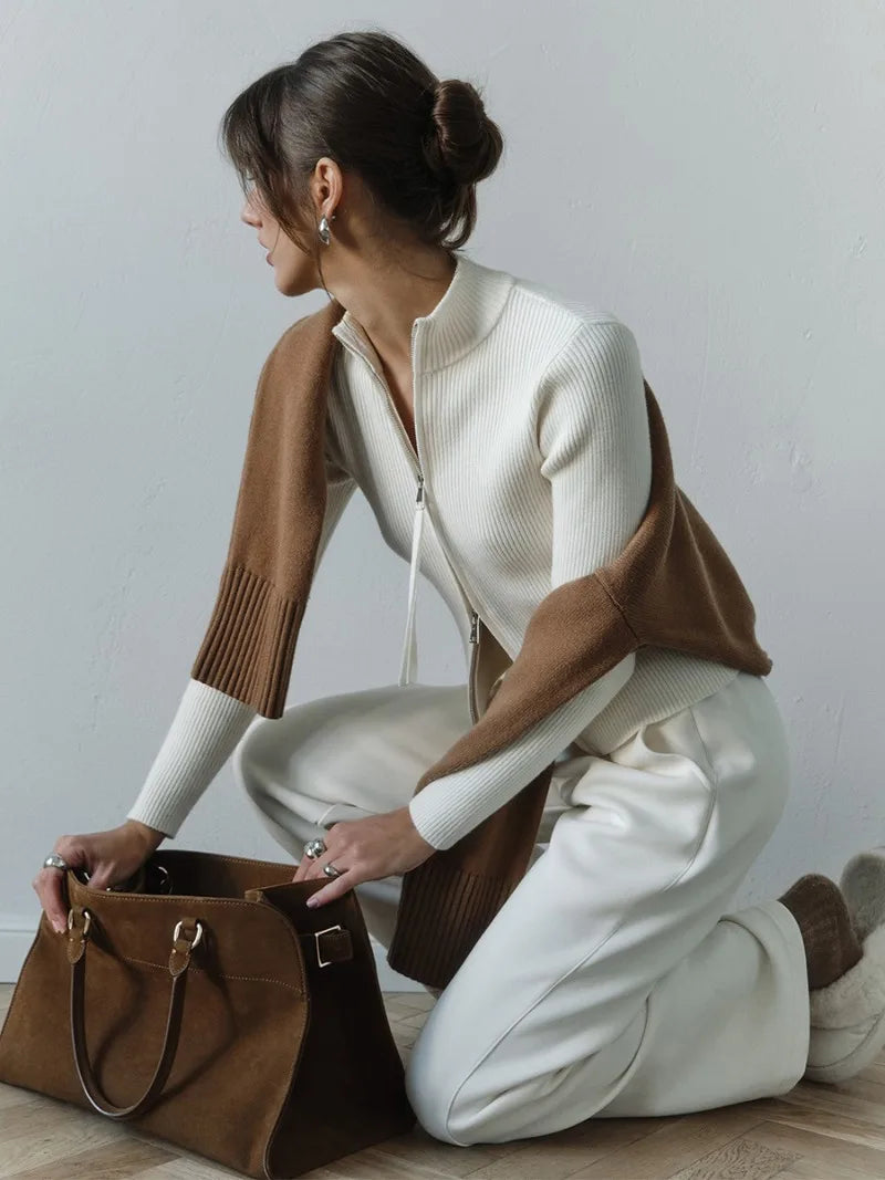 Solid Double Zip Knit Cardigan Women