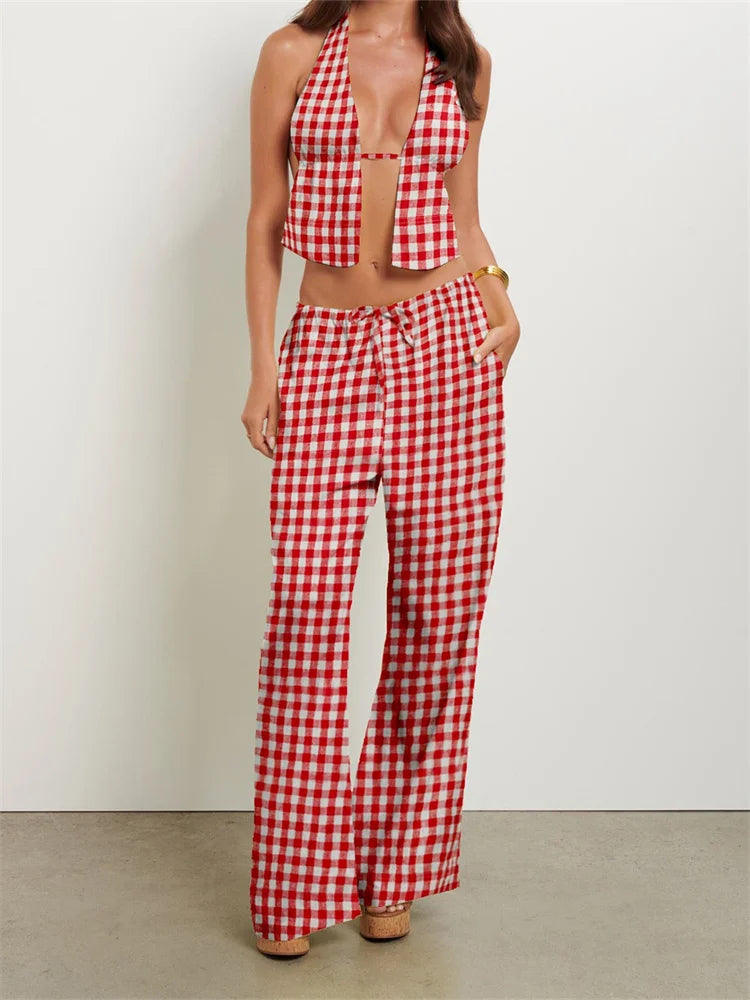 Women Pants Outfits Striped/Solid Halter Tie-Up Backless Tank Tops Wide-Leg 2 Pieces Set