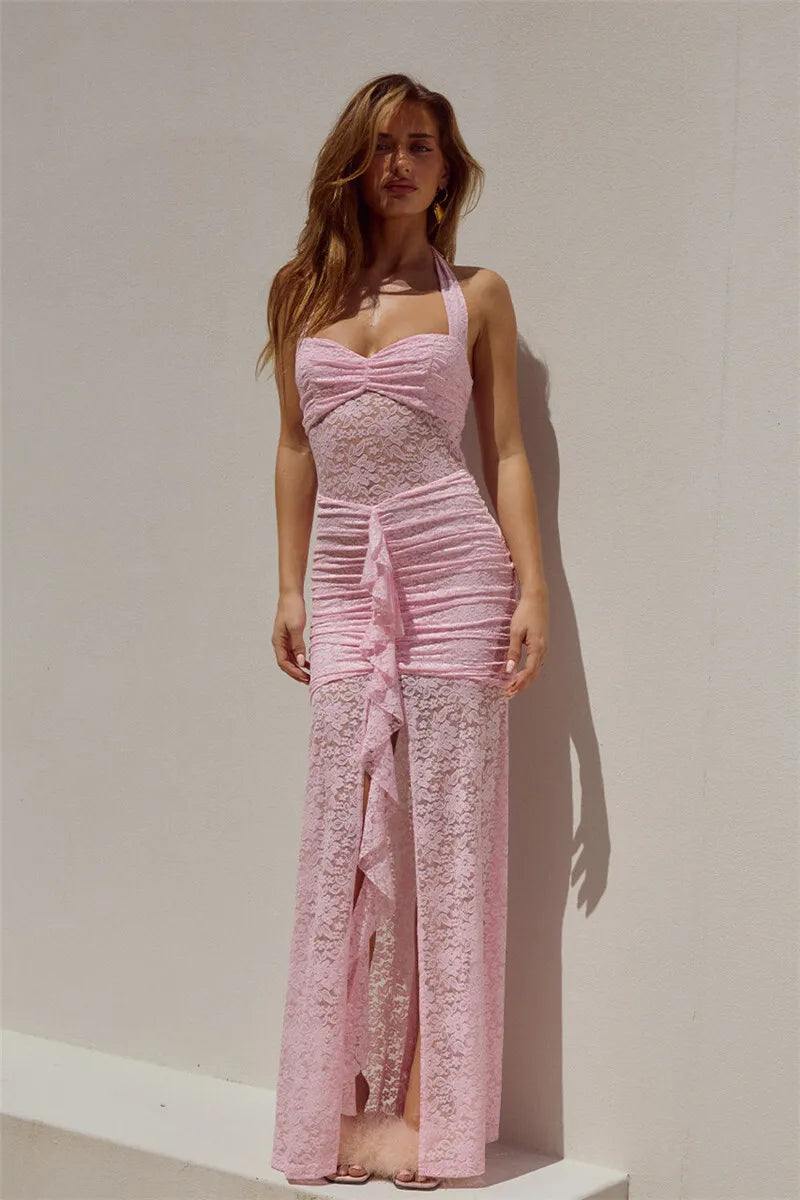 Lace Draped Ruched Maxi Dress Women