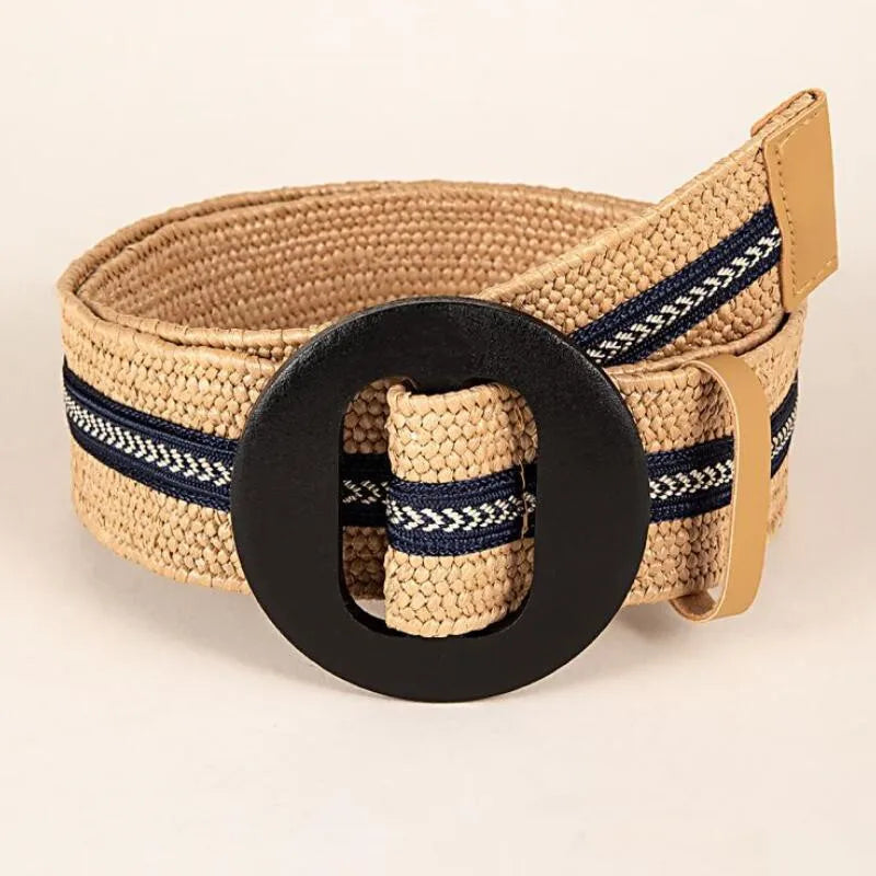 Patchwork Round Wood Buckle Women Belt
