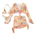 Print Bikini Sets High Waist With Beach Skirt Long Sleeve Crop Top Swimwear - Norellé