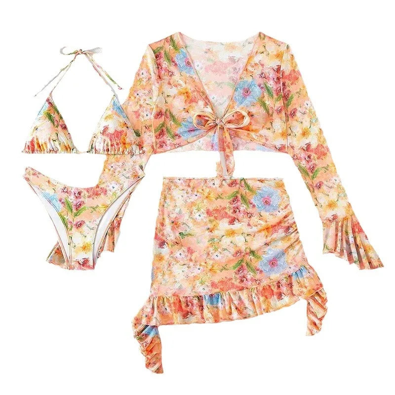 Print Bikini Sets High Waist With Beach Skirt Long Sleeve Crop Top Swimwear - Norellé