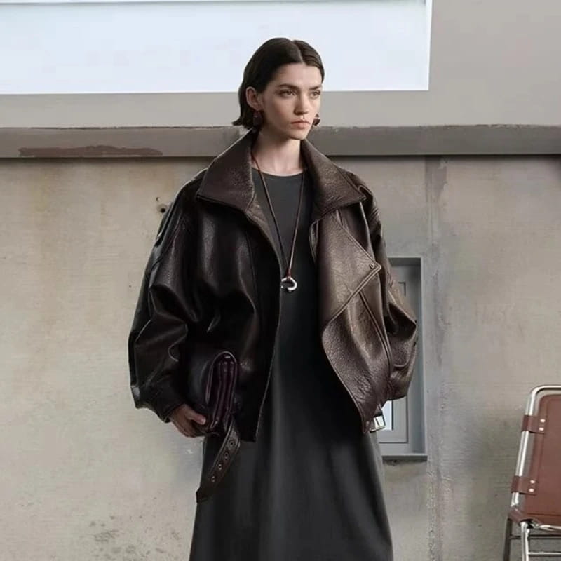 Retro PU Leather Stand Collar Jacket Women