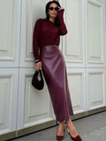Elegant Burgundy Skirt High Waist Slim Fashion Slit Long - Norellé