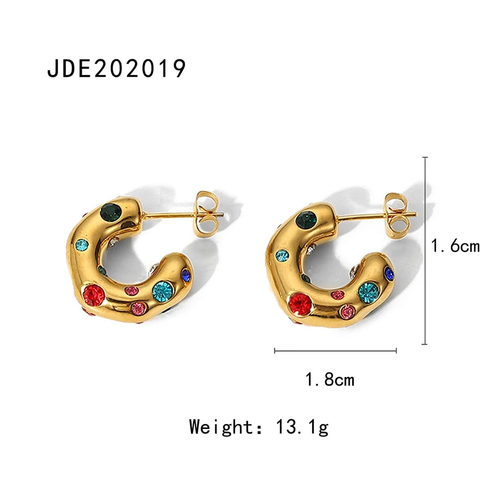 Shaped Hammer Shiny Zircon CC Shape Hoop Earrings Stainless Steel