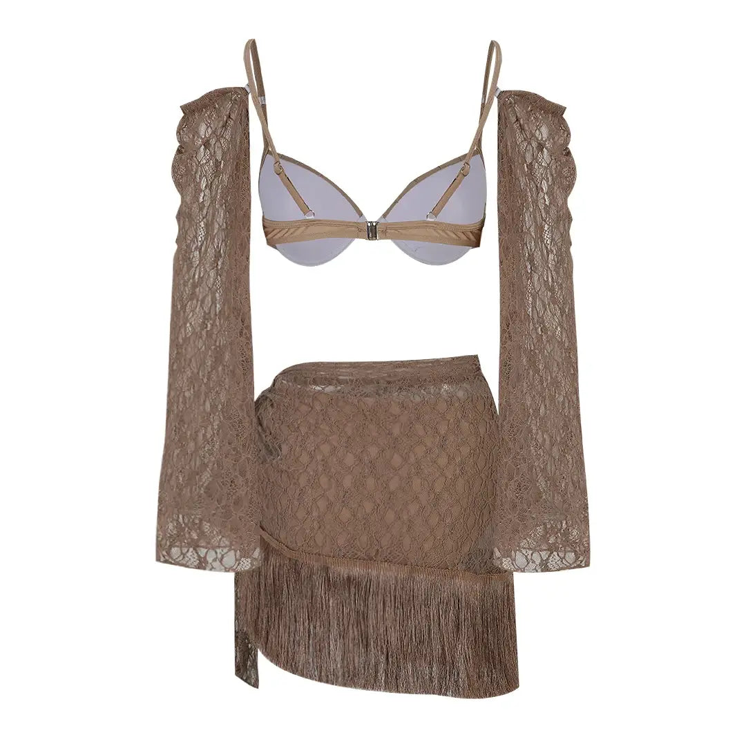 Women Long Sleeve Mini Skirt Suit 3 Piece Set Bathing