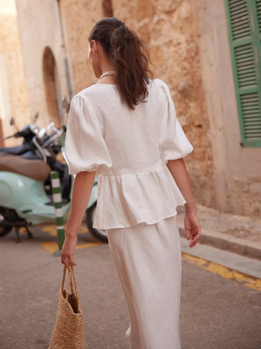 100% Cotton V-neck Lace Up Short Sleeved Skirt Set