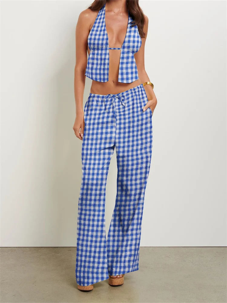 Women Pants Outfits Striped/Solid Halter Tie-Up Backless Tank Tops Wide-Leg 2 Pieces Set