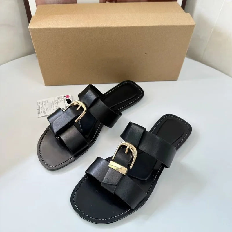 Brown Double Strap Buckle Flat Sandals For Women