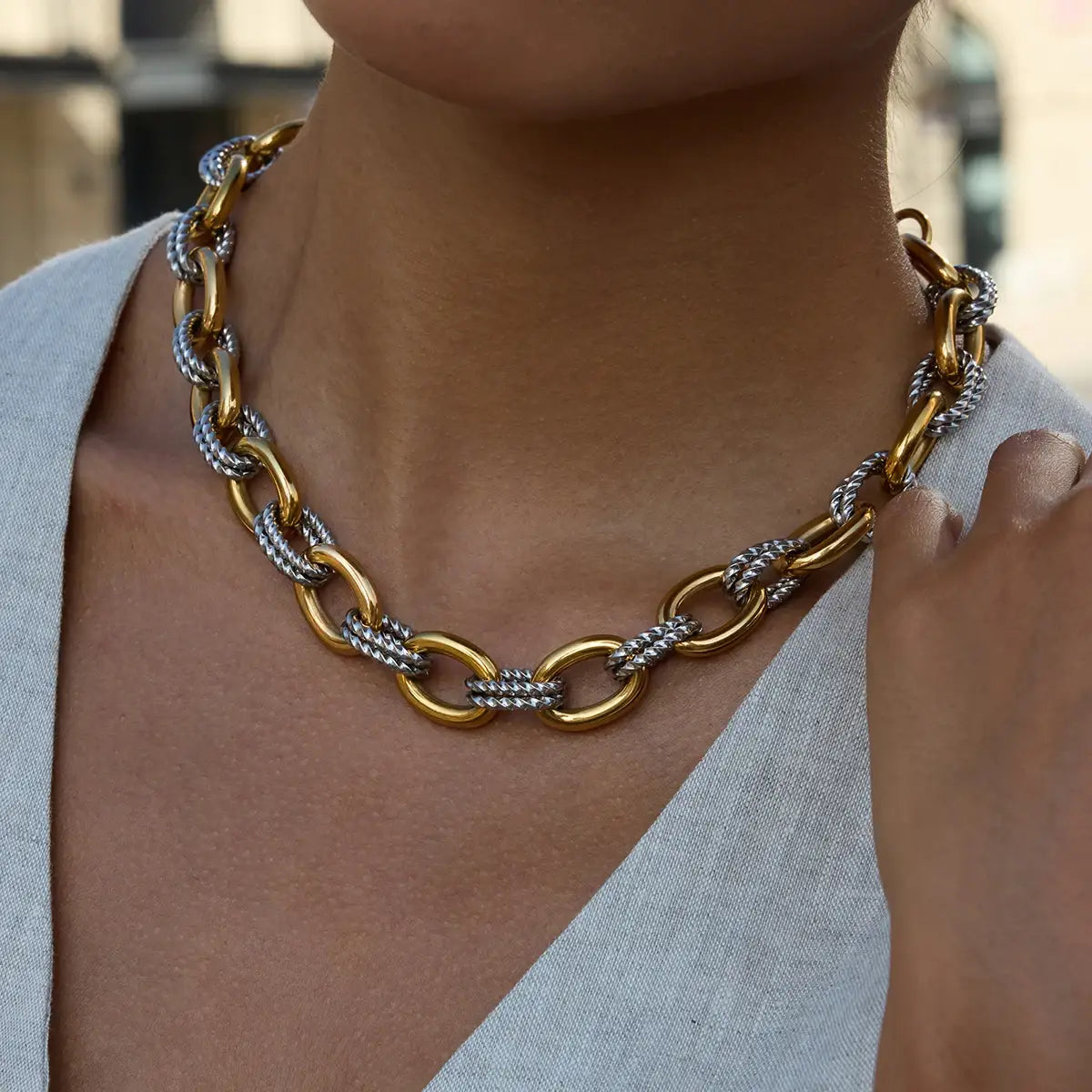 Stainless Steel Double Color Oval Smooth Fried Dough Twists Necklace