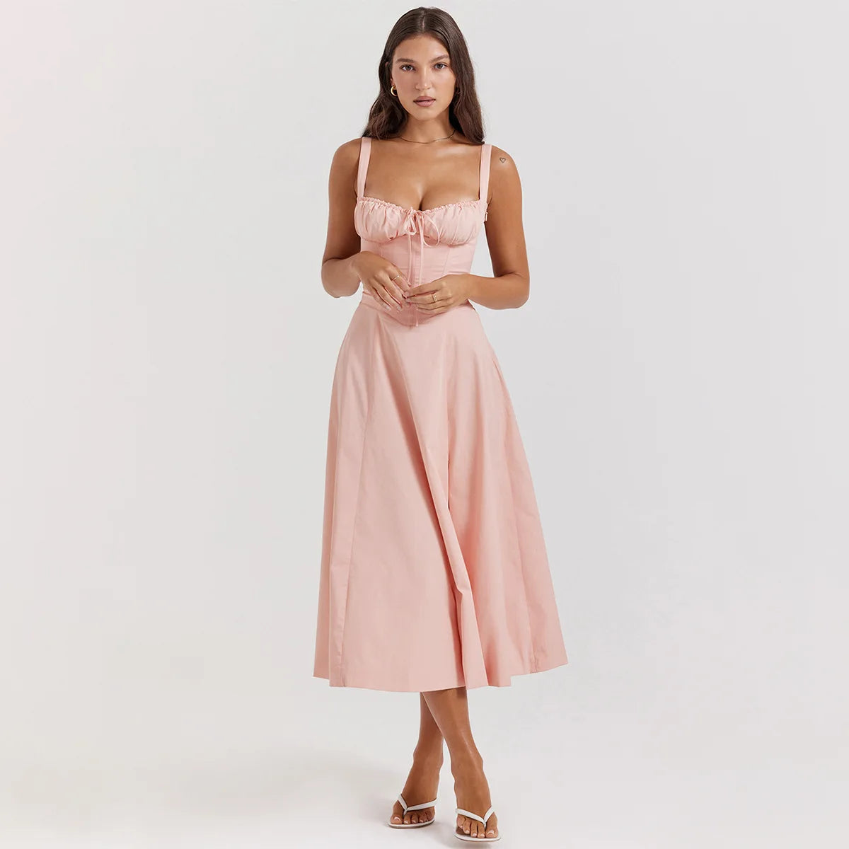 Summer Spaghetti Strap Midi Dress Elegant Long Lace Up