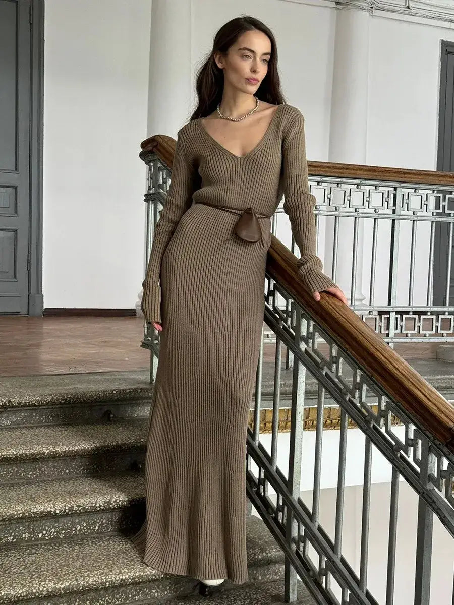 Women’s Long Sleeve V-neck Slim Bodycon Knitted Maxi Dress