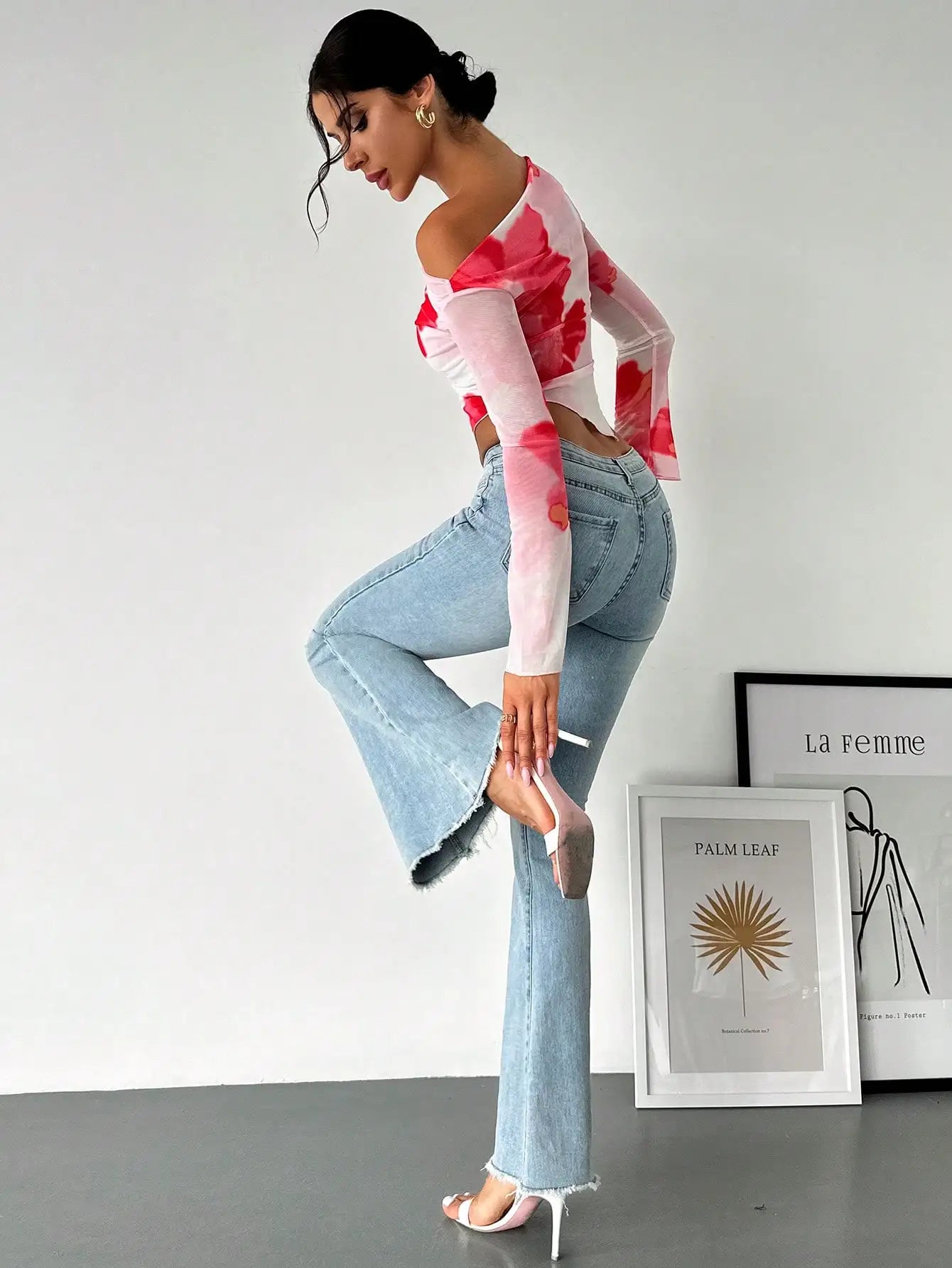 Mesh Print Diagonal Shoulder Long Sleeve Top