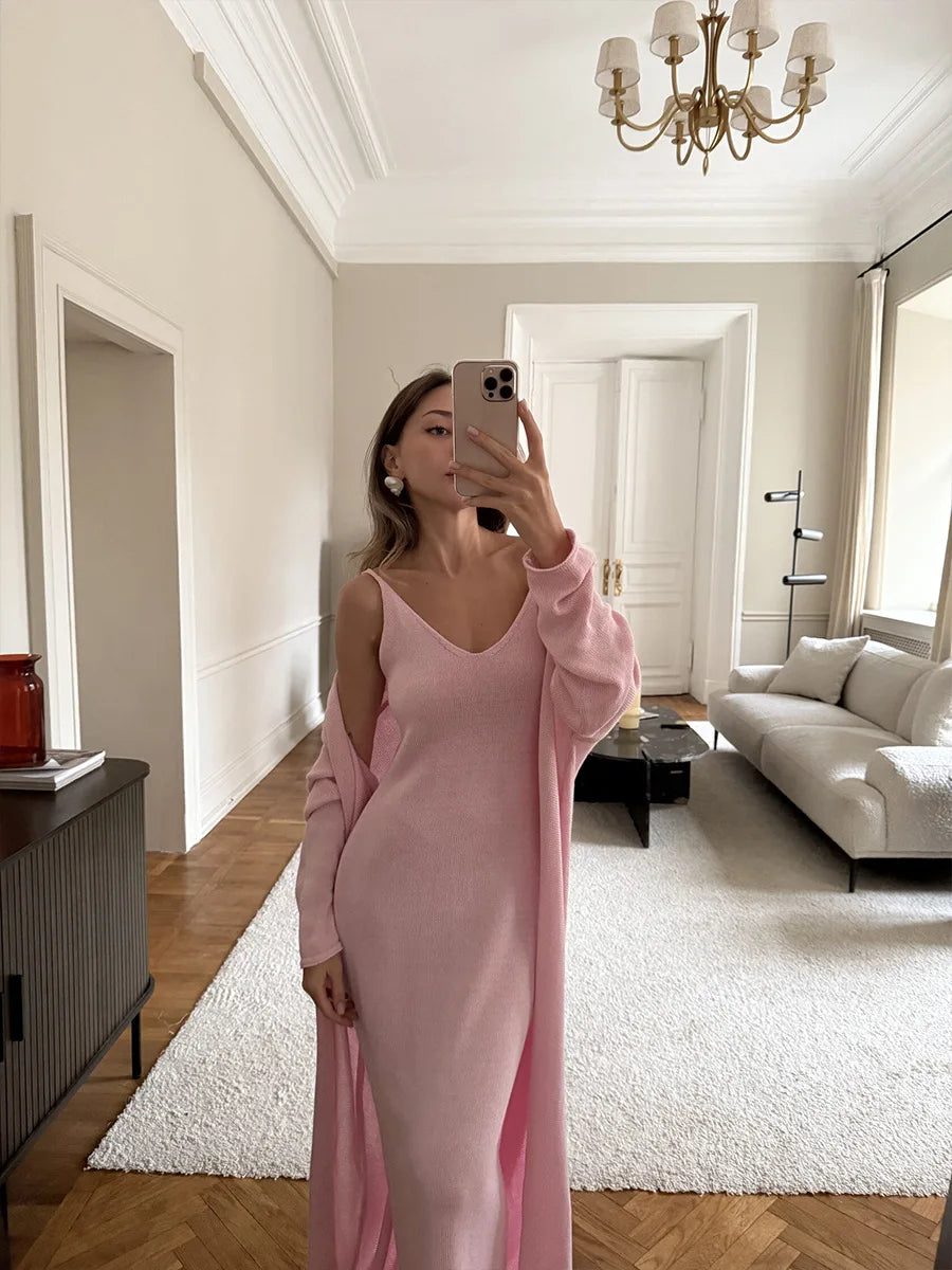 Women Long Dress Three Piece Solid Knit Halter Sleeve Cardigan Set