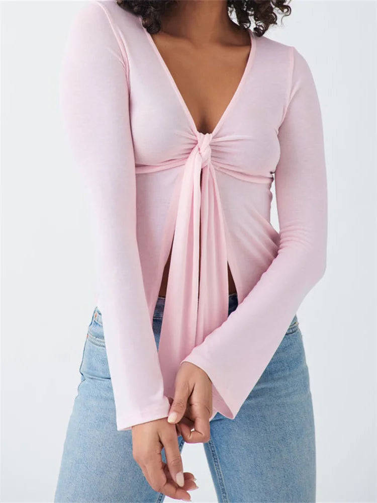 Women Slim Fit T-shirts Tops Long Sleeve V Neck