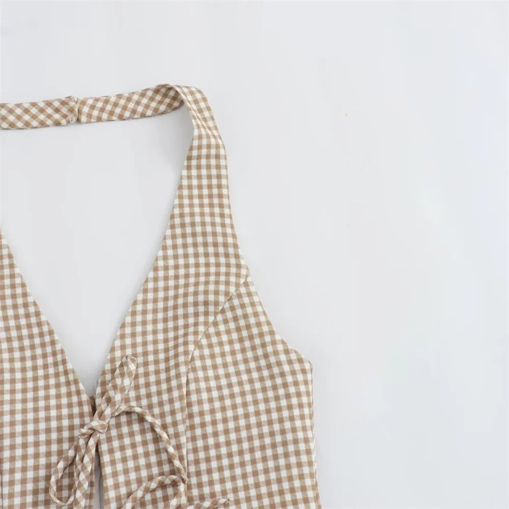 Women's Fashion and Elegance Slim Fit Open Back Small Plaid Hanging Neck Dress - Norellé