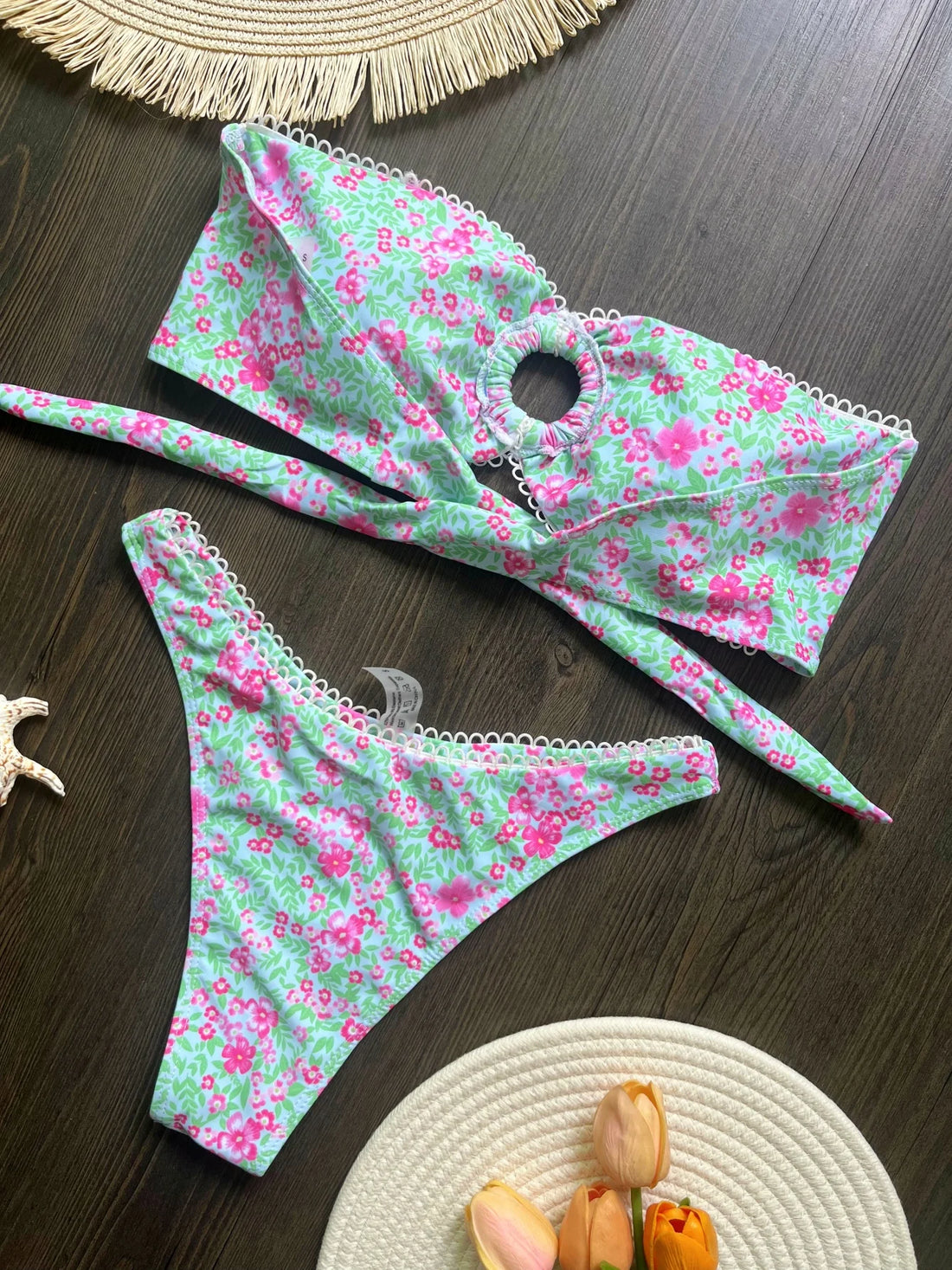 Floral Flowers Bandeau High Leg Cut Bikini Women - Norellé