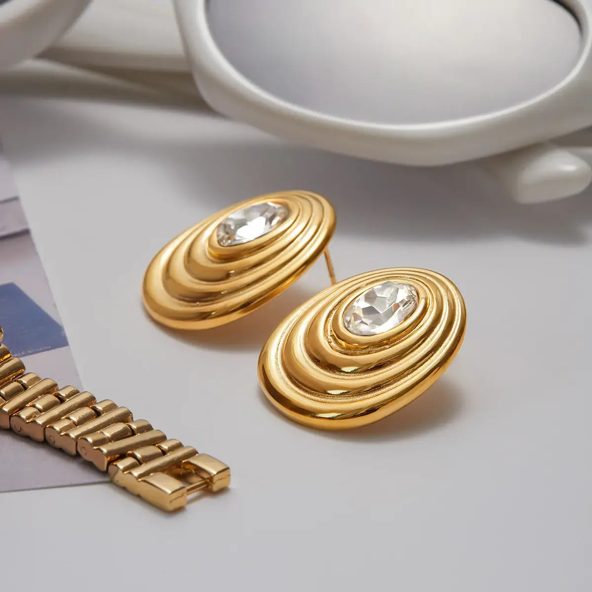 Gold Color Plated Stainless Steel Round White Zircon Ribbed Ear Studs
