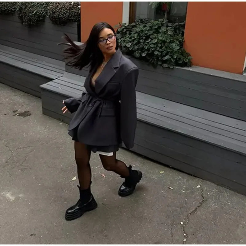 Women’s Tie Waist Blazer Coat Oversized Padded Shoulder