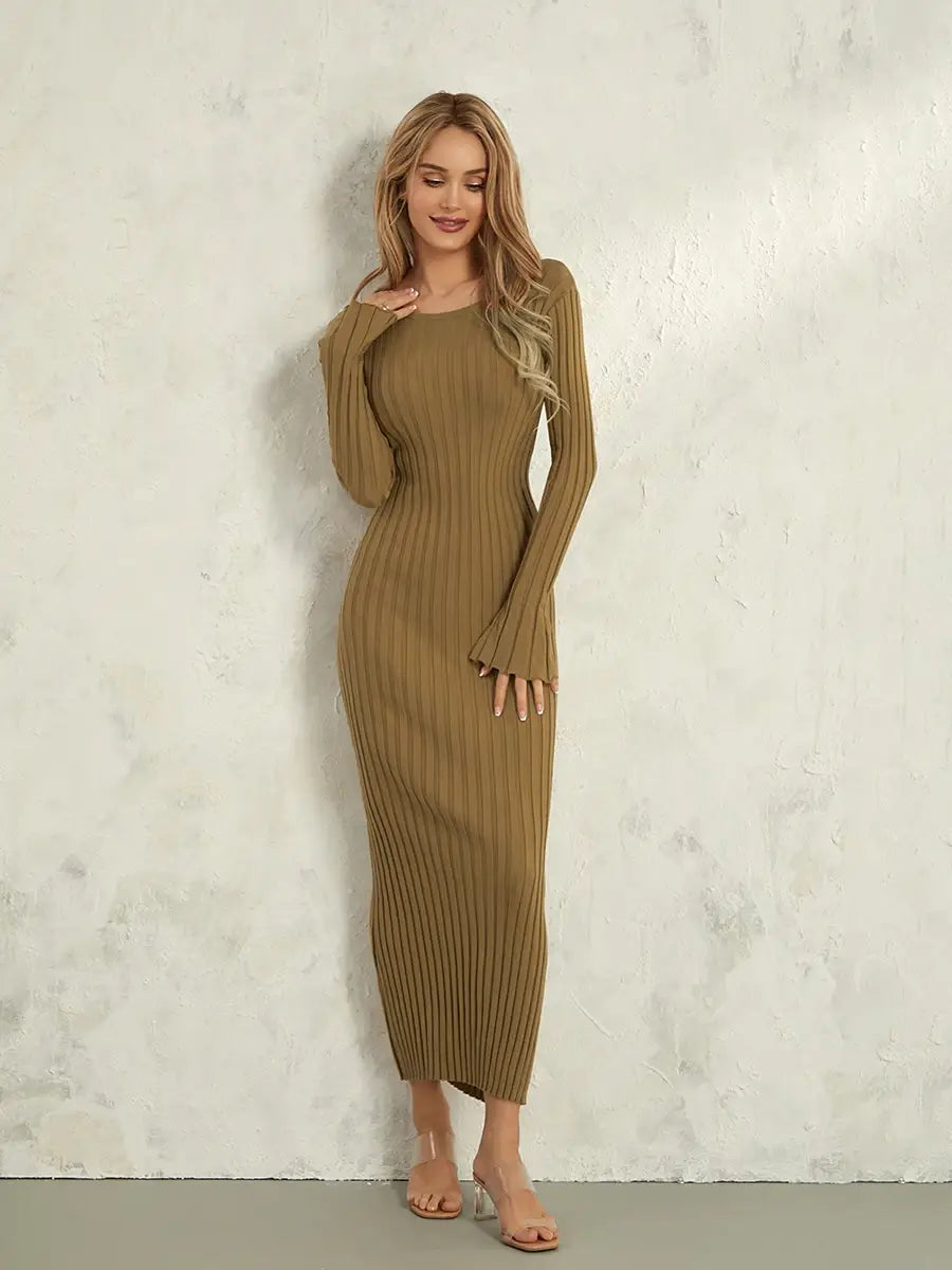 Women Lace-up Knit Dress Elegant Long Sleeve